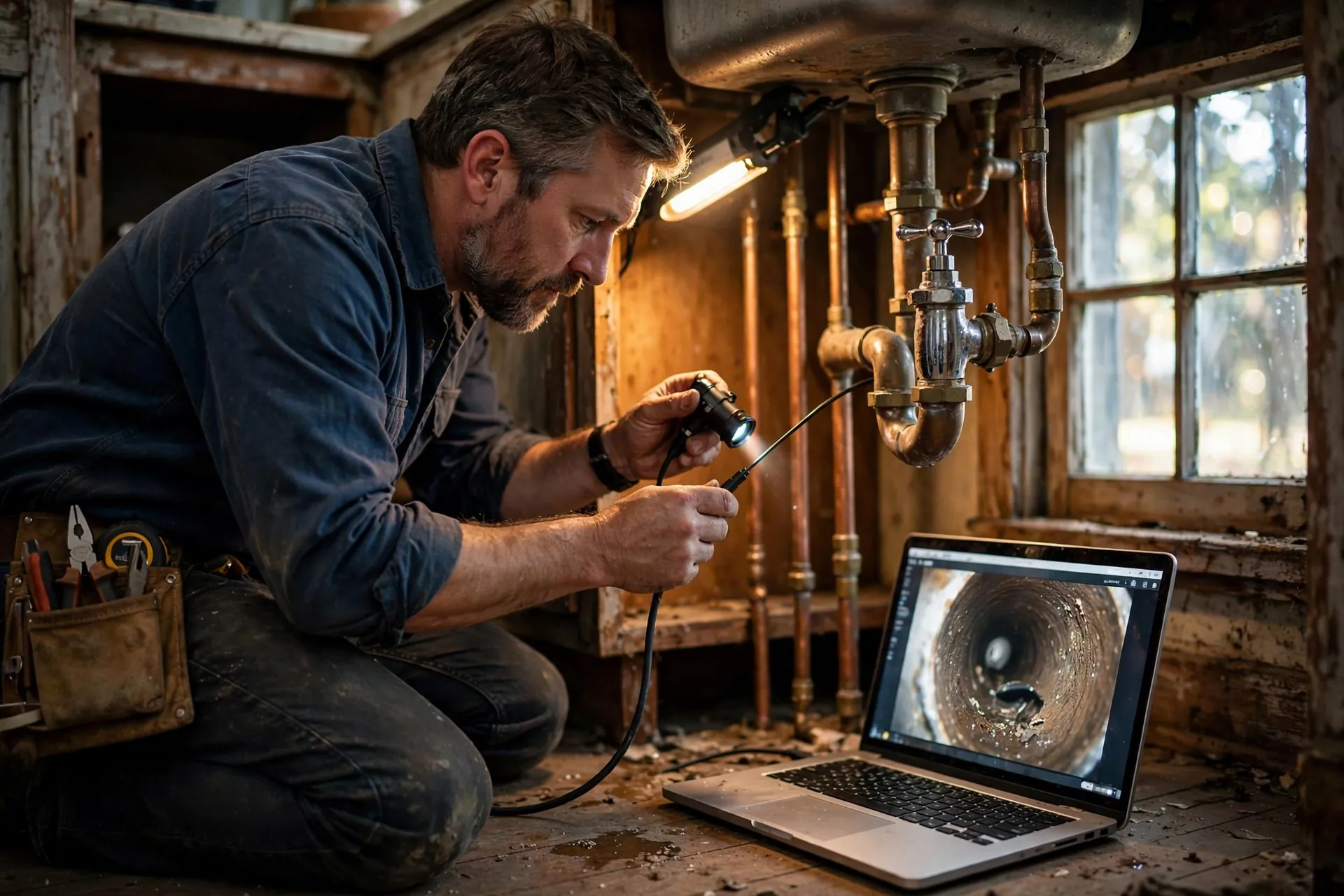 A licensed plumber inspecting a copper supply line under a sink